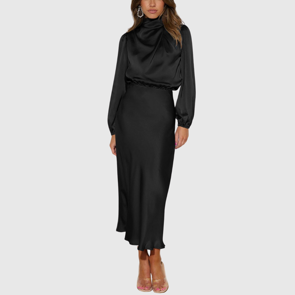 Espírito Santo – Vestido Longo de Cetim com Mangas Bispo