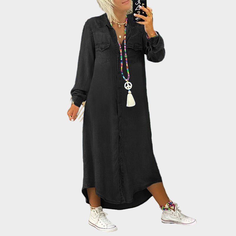 Águeda – Vestido Camiseiro de Ganga Longo