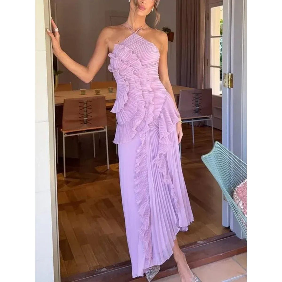 Cicouro – Vestido Longo com Babados e Costas Abertas