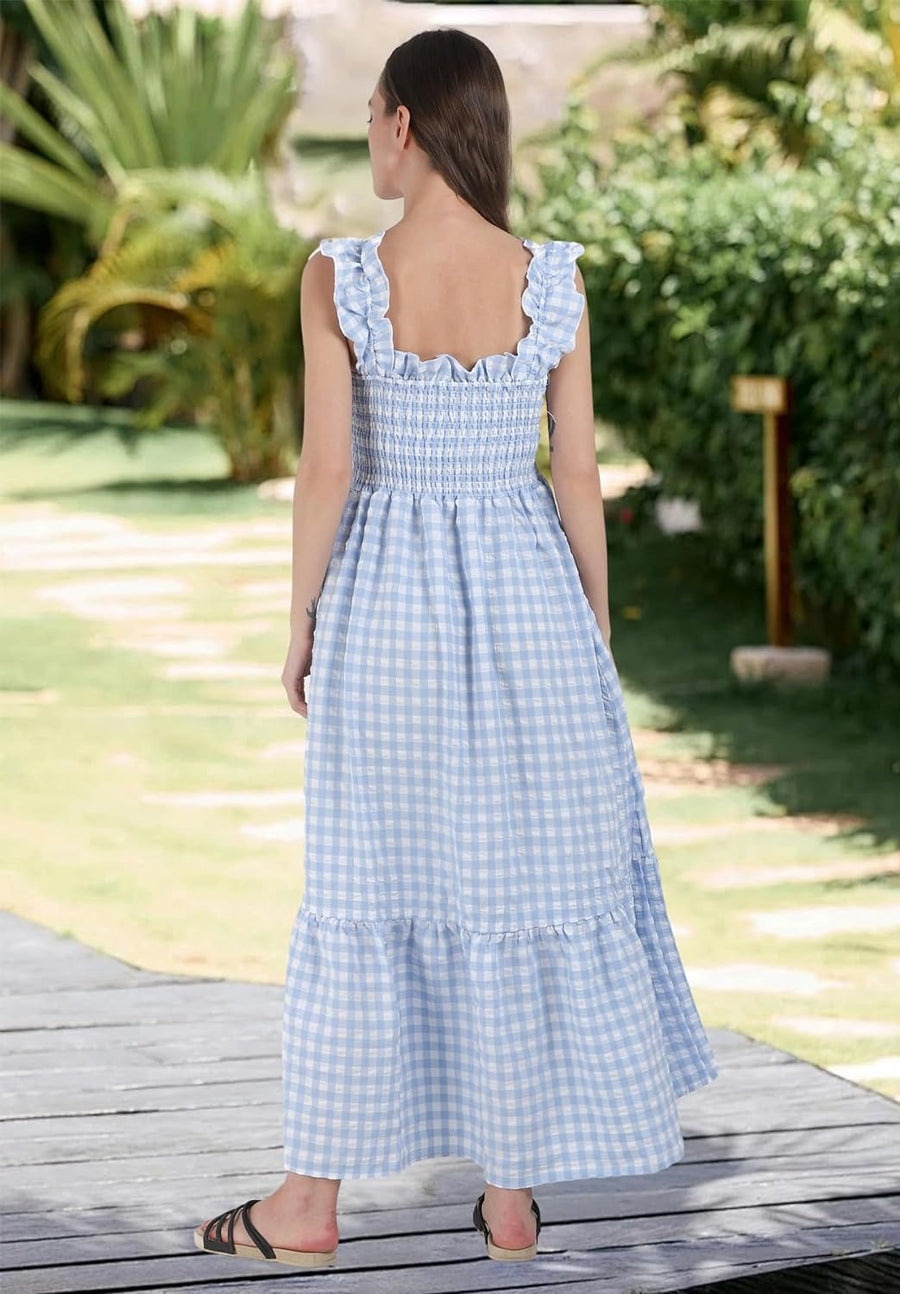 Rosmaninhal – Vestido Longo de Xadrez com Folhos