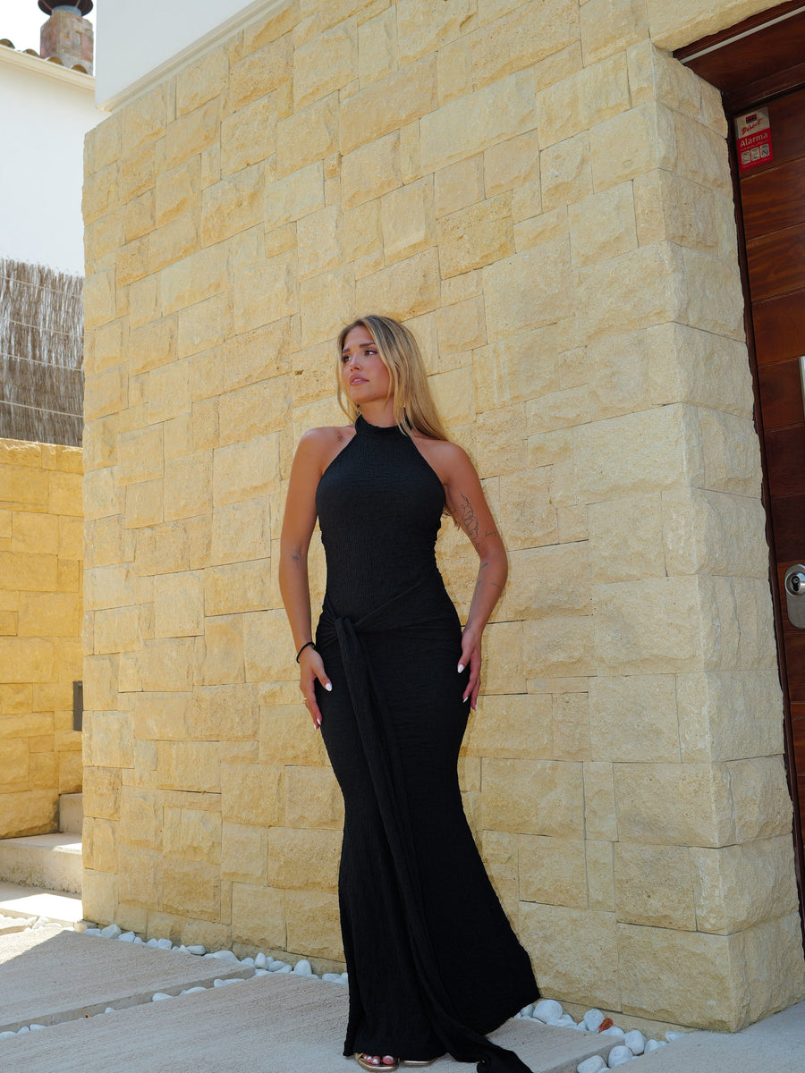 Vestido halter com textura de nó, preto