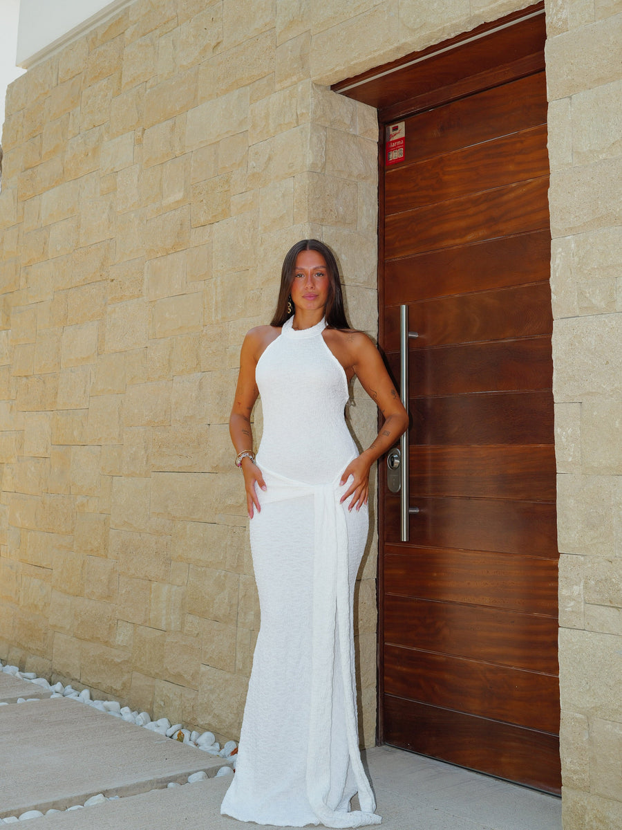 Vestido halter com textura de nó, branco
