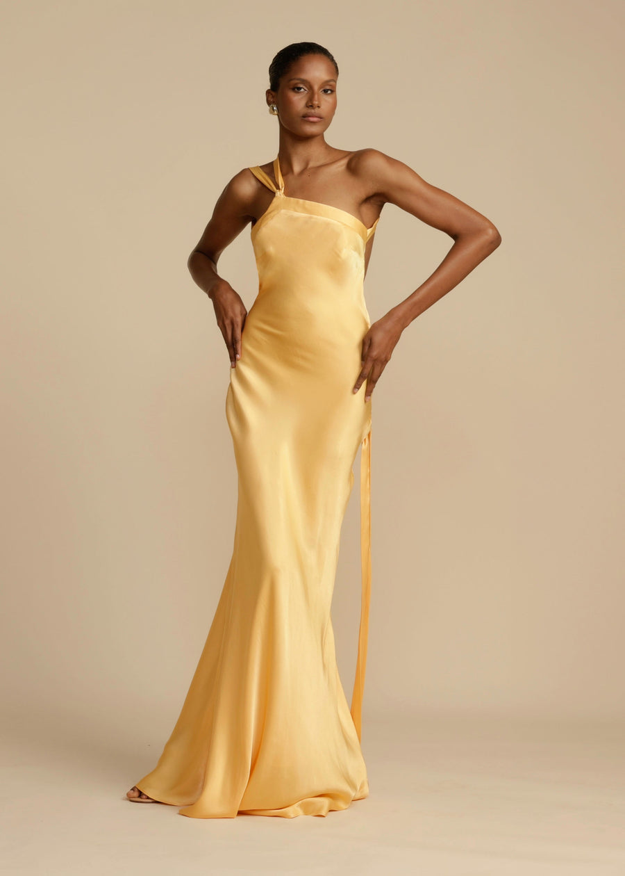 Vale de Pradinhos – Vestido Longo Dourado de Um Ombro