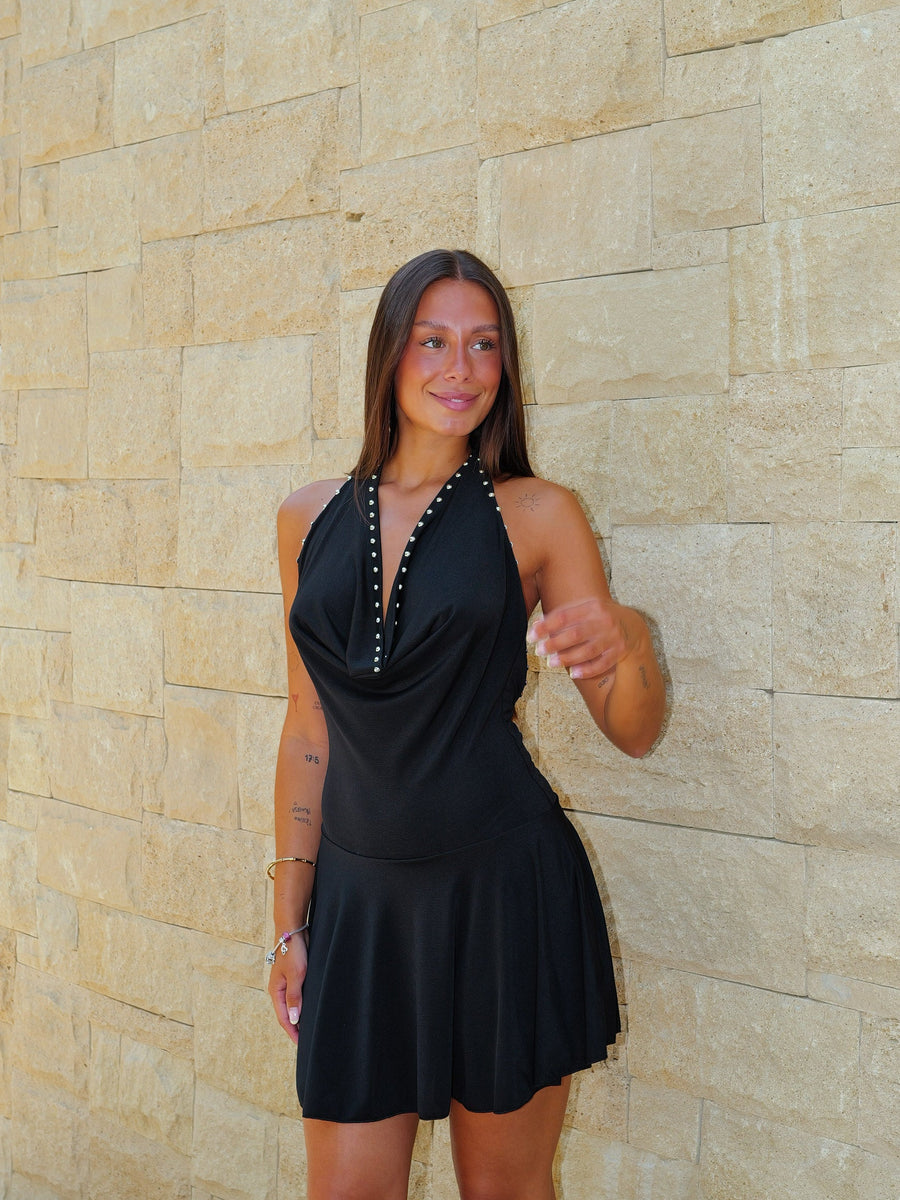 Vestido mini com decote halter e tachas, preto