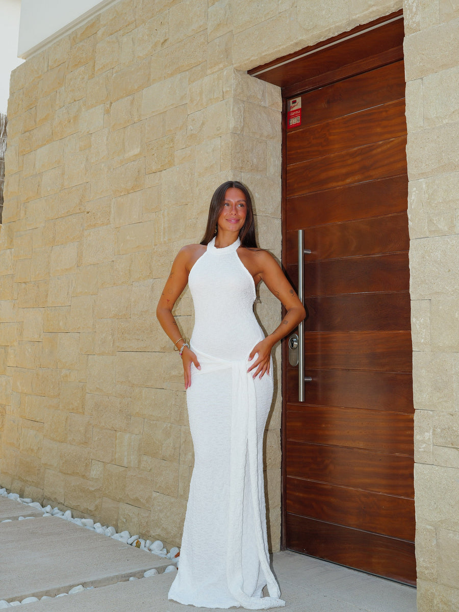 Vestido halter com textura de nó, branco