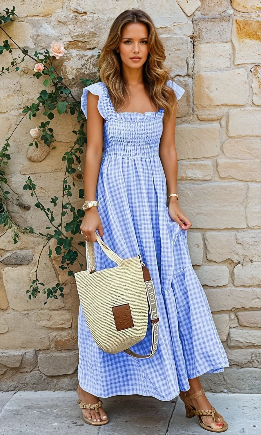Rosmaninhal – Vestido Longo de Xadrez com Folhos
