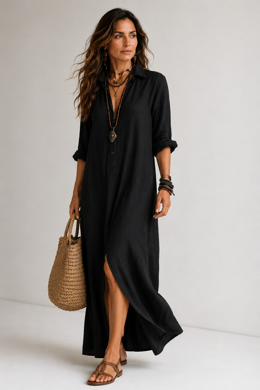 Freixo – Vestido Longo com Gola de Camisa