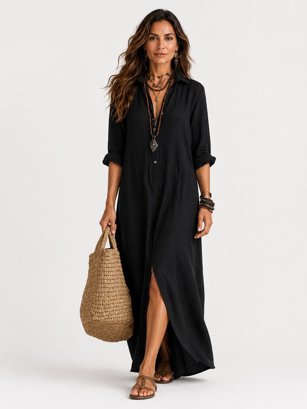 Freixo – Vestido Longo com Gola de Camisa