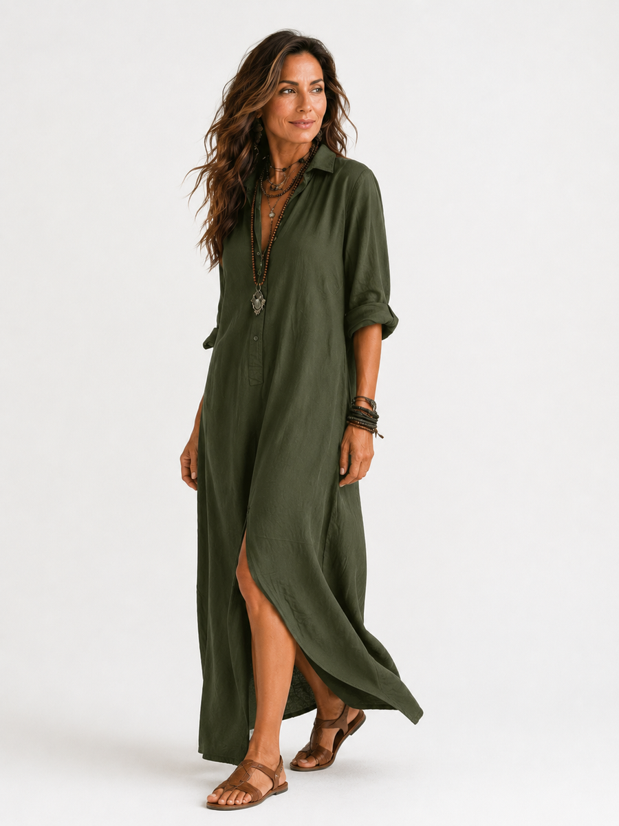 Freixo – Vestido Longo com Gola de Camisa