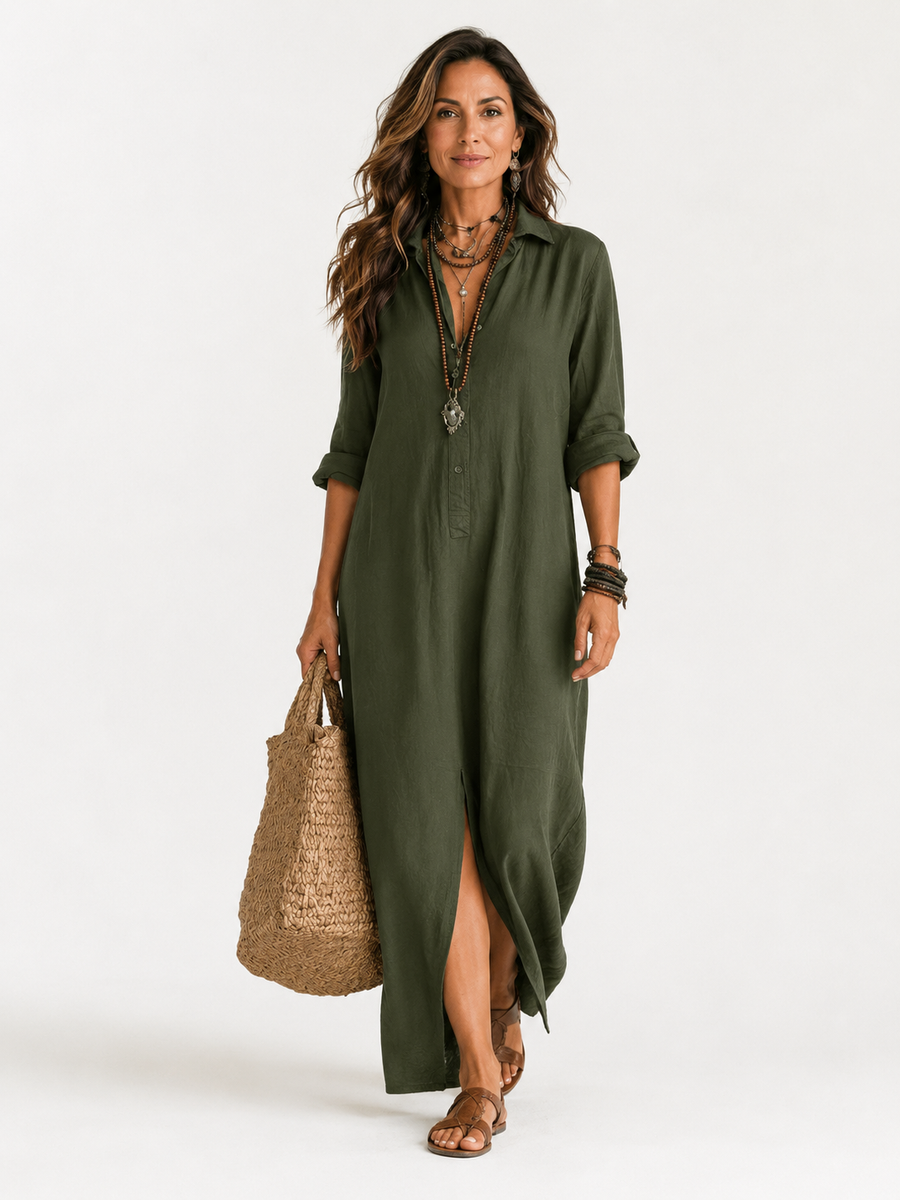 Freixo – Vestido Longo com Gola de Camisa