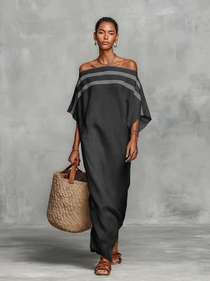Vila Verde – Vestido Maxi de Linho de Ombros Descobertos