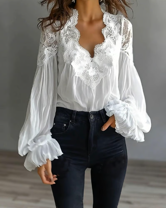 Edral – Blusa de Renda com Mangas de Lanterna
