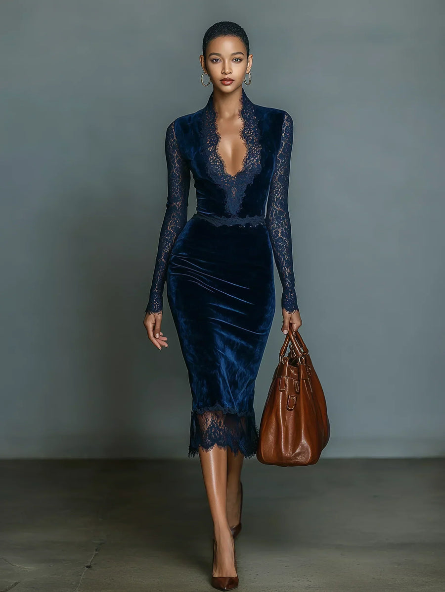 Paredes – Vestido Midi de Veludo com Renda