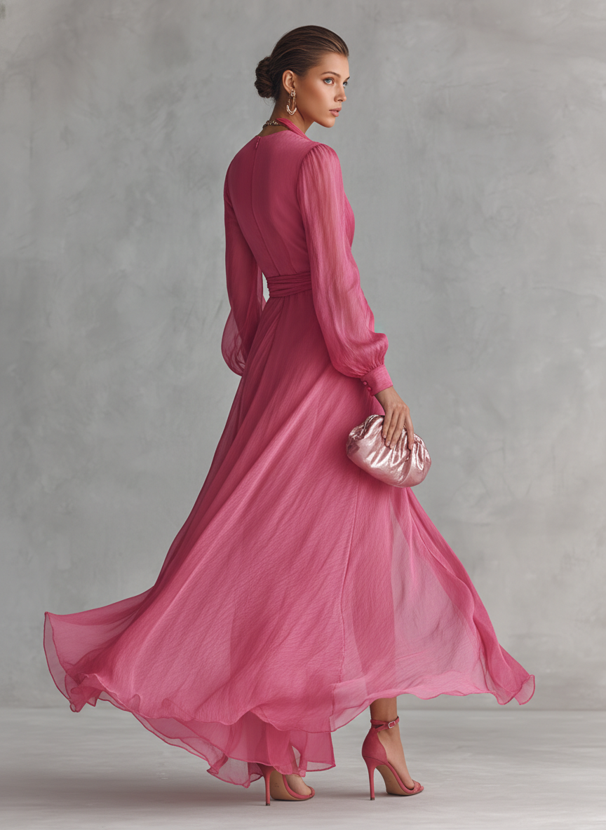 Leça – Vestido Maxi de Chiffon com Pérolas