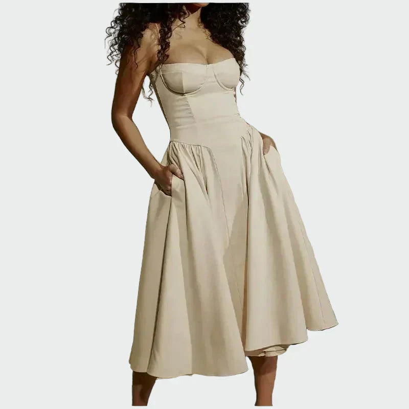 Sever do Vouga – Vestido Maxi de Cetim com Corpete