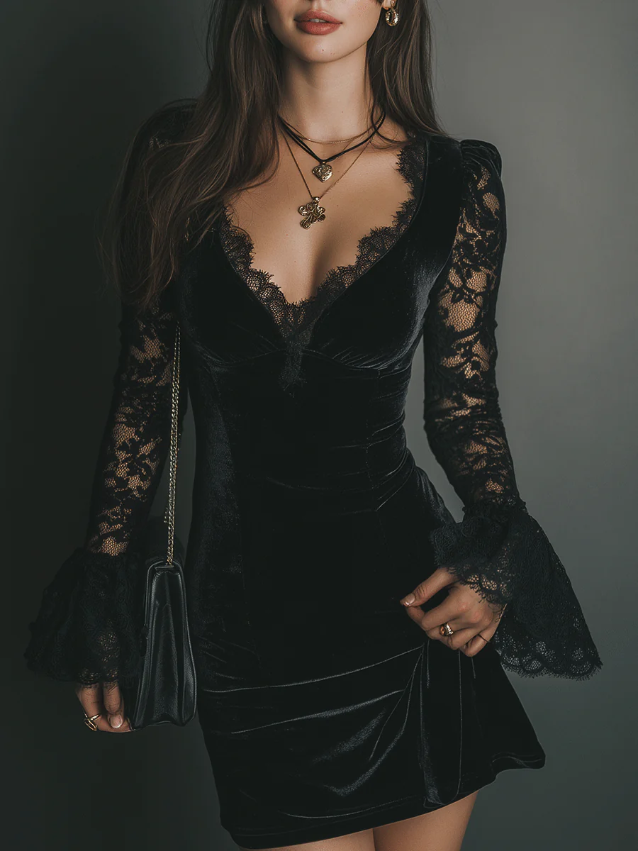 Penhas – Vestido Mini de Veludo e Renda