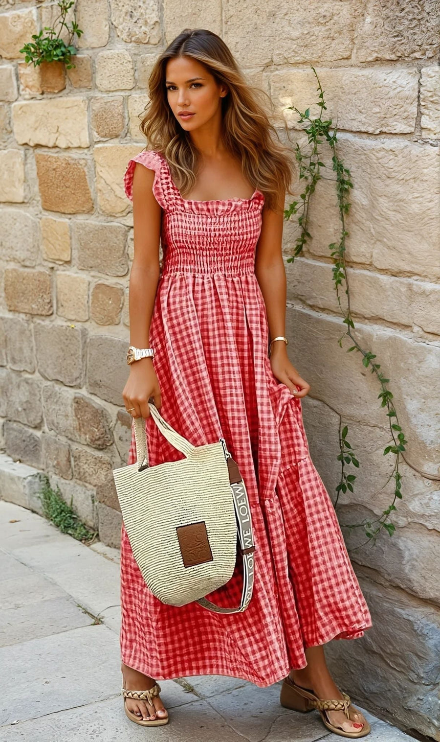 Rosmaninhal – Vestido Longo de Xadrez com Folhos