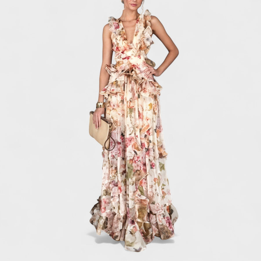 Ribeira de Pena – Vestido Maxi Floral com Folhos
