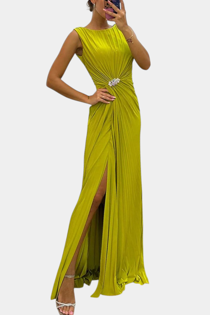 Moimenta – Vestido Maxi Plissado com Racha