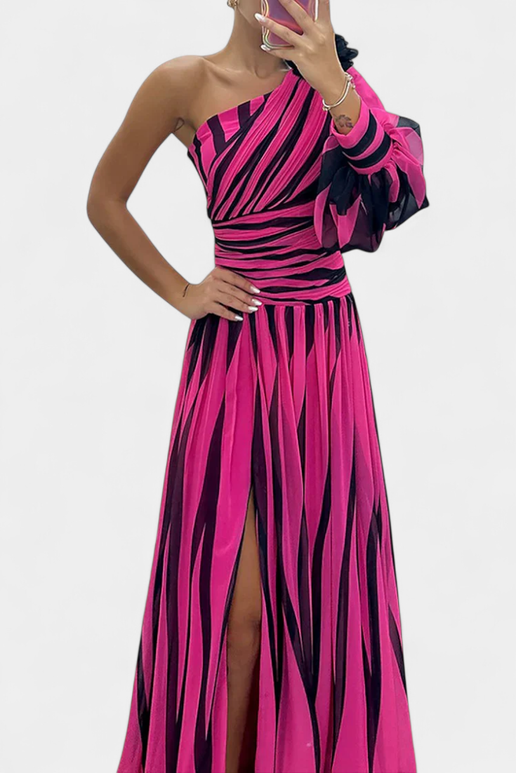 Carregal do Sal – Vestido Maxi de Um Ombro às Riscas