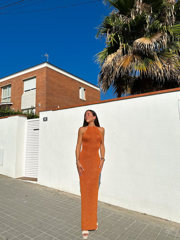 Vestido halter em malha laranja