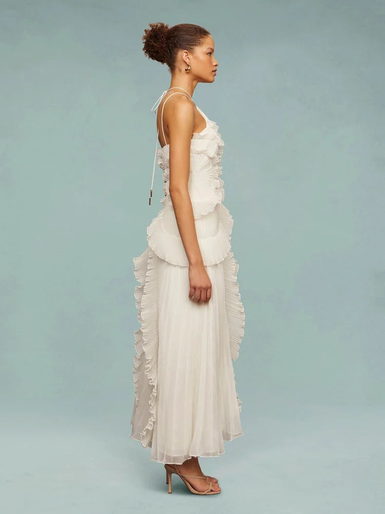 Cicouro – Vestido Longo com Babados e Costas Abertas