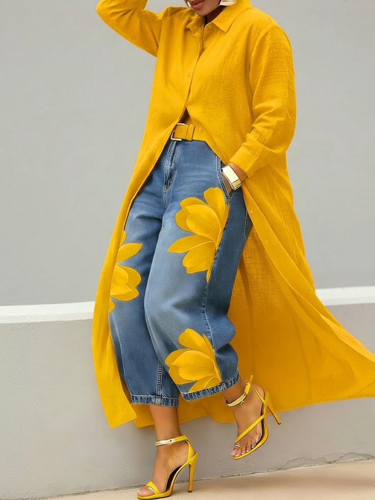 Amieira do Tejo – Conjunto de Vestido Camiseiro e Calças de Ganga