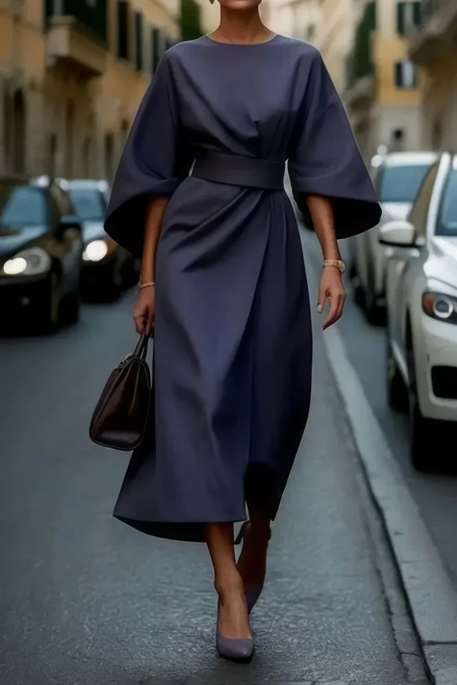 Ferreiros – Vestido com Mangas de Lanterna e Cinto